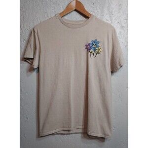 Peace of Mind Medium Skulls Flowers Graphic Tee‎ Cotton T Shirt Short Sleeve Tan